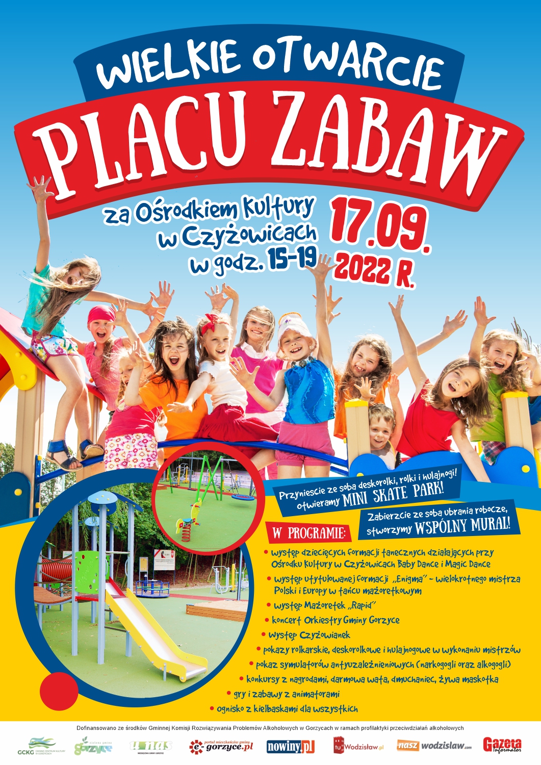 Plakat z informacjami o otwarciu placu zabaw w Czyżowicach
